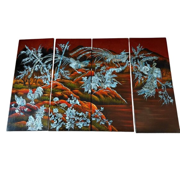 Chinese lacquered panels rooster pheasant bamboo mother of pearl inlay - Picture 1 of 11
